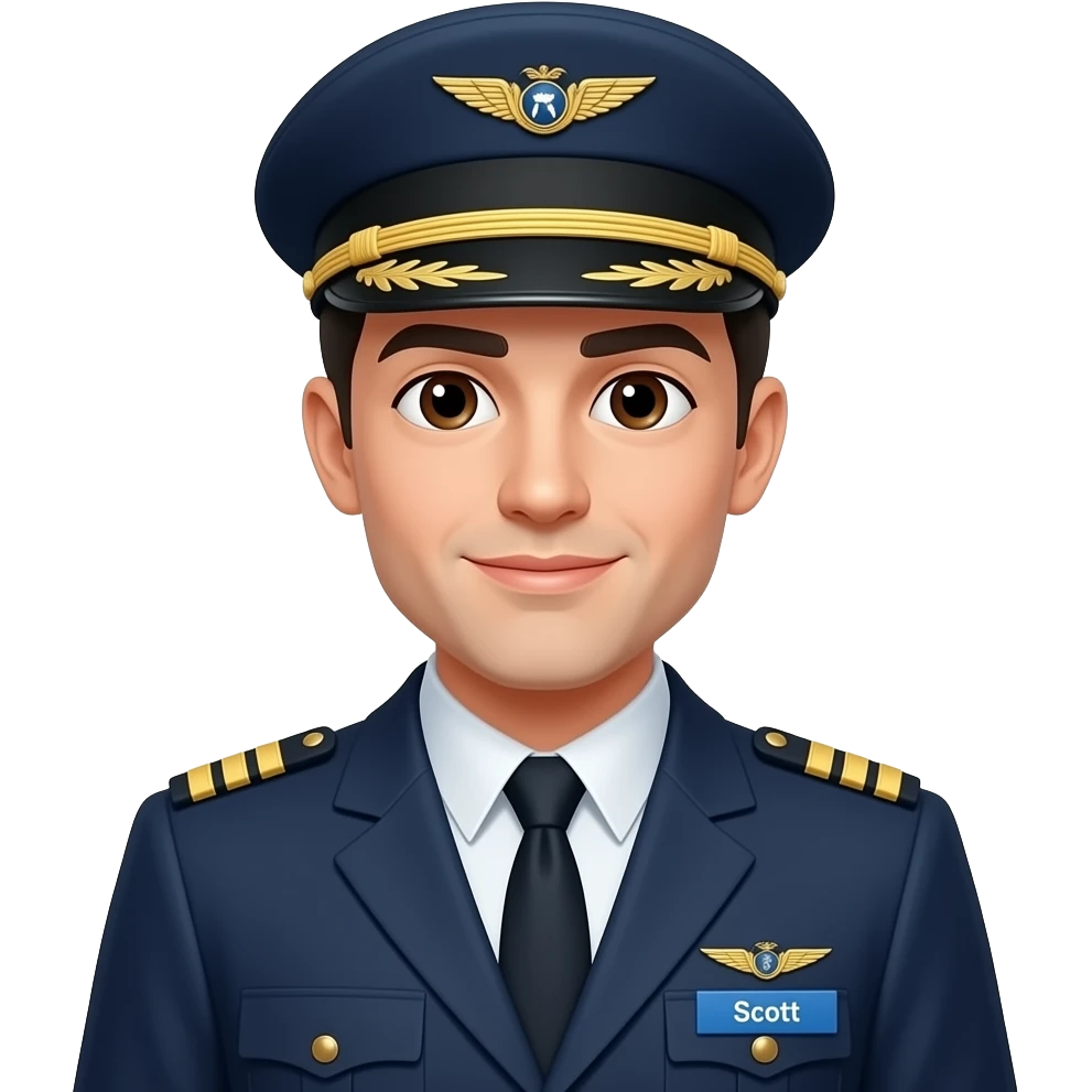 Male entire Full Body Pilot w blazer Black hair white skin brown eyes with hat and name badge under wing badge “Scott”f emoji