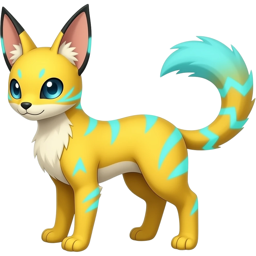 Yellow Renamon-Zeraora-Genet-Civet-caracal-Fennekin-Manectric-Vaporeon-Fakémon-hybrid with glowing neon cyan markings emoji