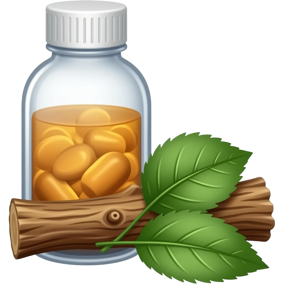 full medicine bottle with tree bark and leaves nearby emoji
