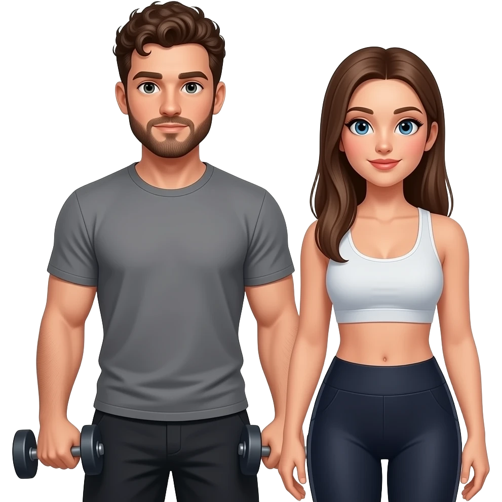 Realistic white man brown super short curly hair with beard working out with realistic white woman brown long straight hair aesthetic emoji