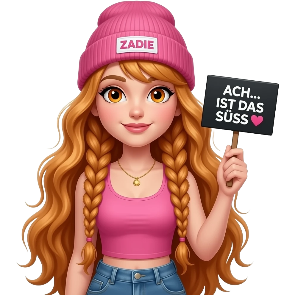 sexy girl with overlong ginger braids and ginger eyes wearing a pink tanktop and a pink beanie with ZADIE written on it, is holding a black sign with ACH... IST DAS SÜSS 🧡 written on it emoji