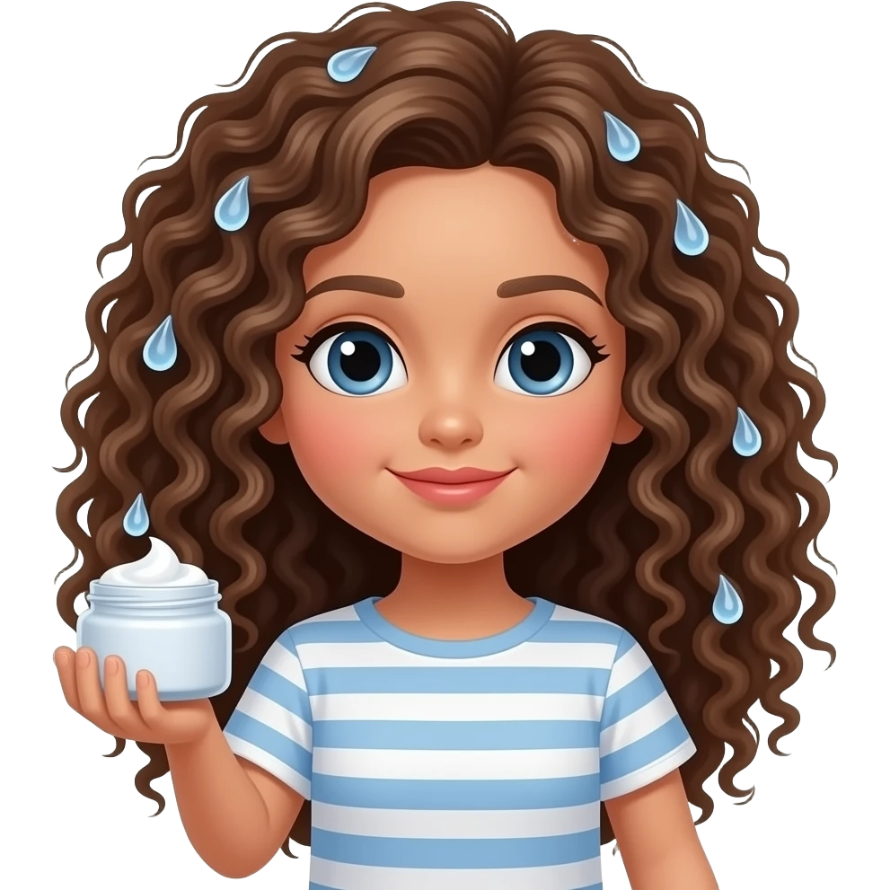 Boneca hidratando o cabelo cacheado, segurando o pote de creme na mão emoji