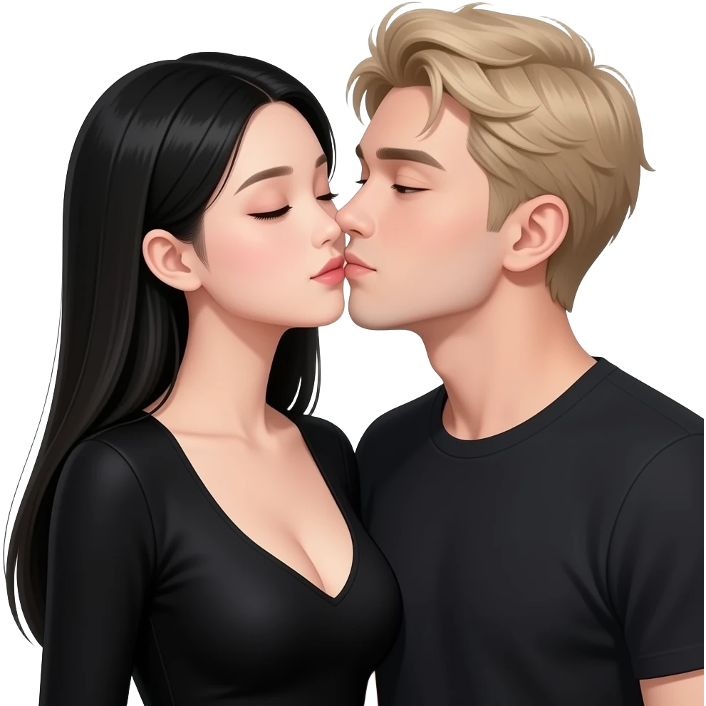 female skinny with wasian lighter skin features, long black straight hair with a middle part, hair is flowing and waist length. girl is wearing low cut long sleeve tight black mini dress. girl is being kissed on cheek by good looking husband white man dirty blonde hair + boyish features emoji
