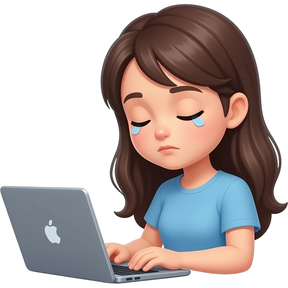 girl typing on laptop with sleepy face, black beige aesthetic emoji