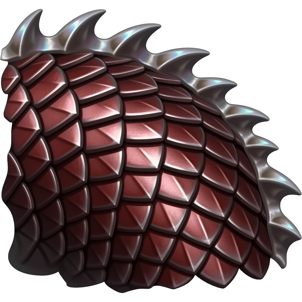 "A massive dragon scale with overlapping armor-like plating, dark metallic-crimson surfaces, intricate concentric growth ridges, razor-sharp reinforced edges, subtle iridescent highlights, and a dense gemstone-hard structure." emoji