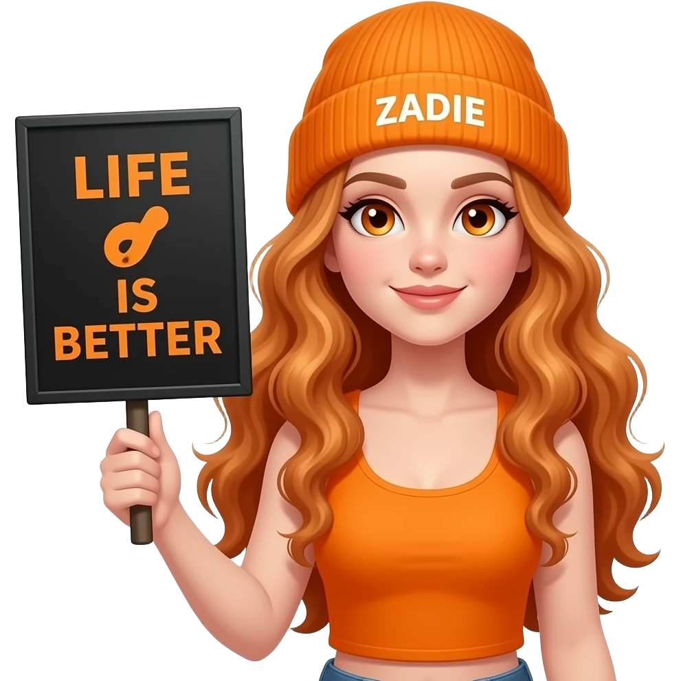 sexy girl with overlong wavy ginger hair and ginger eyes wearing a orange tanktop and a orange beanie with ZADIE written on it, is holding a black sign with LIFE IS BETTER with a GINGER written on it emoji