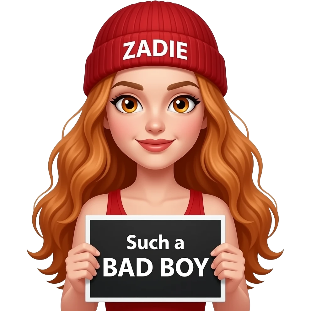 sexy girl with overlong wavy ginger hair and ginger eyes wearing a red tanktop and a red beanie with ZADIE written on it, is holding a black sign with Such a BAD BOY written on it emoji