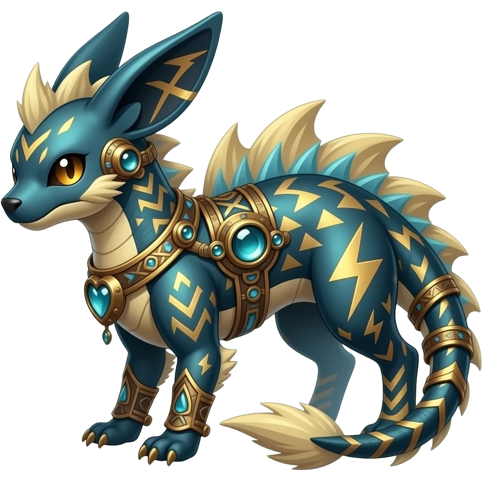 scaly fuzzy finned frilled spunky gothic Realistic tall slim unique original shiny edgy cool steampunk-cyberpunk-solarpunk-fantasy-Absol-Sprigatito-Vaporeon-Fakémon-hybrid with tribal chevron heart floral lightning bolt strikes damask paisley markings emoji