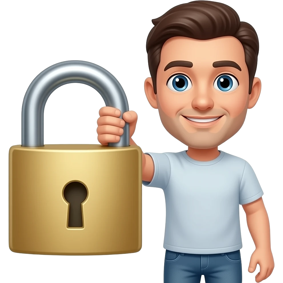 man holding very big lock in hand closeup , casual outfit emoji