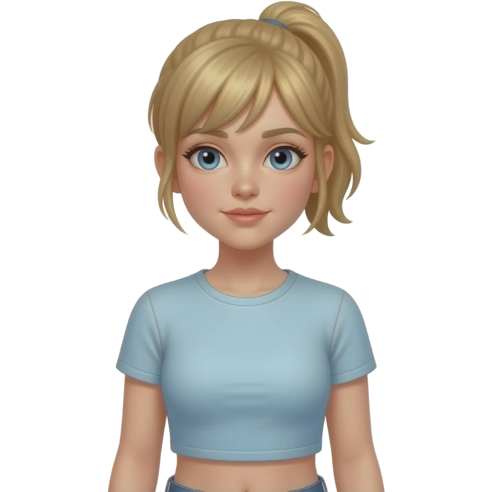 a girl who has  with a t shirt and  short,pony tai ,no brown spots , dirty blonde  brown hair , blue eyes , short, and a belly shirt emoji
