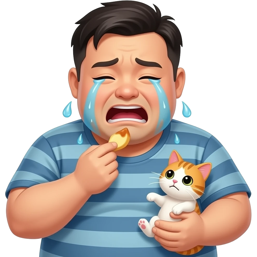 An obese asian man crying, farting and eating a cat emoji