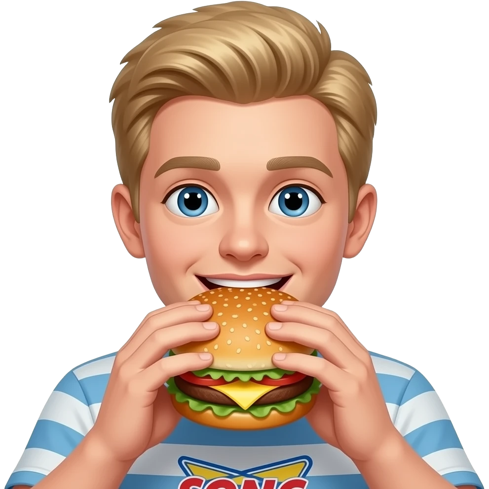 Blonde hair Ryan eating Sonic drive in cheese burger emoji