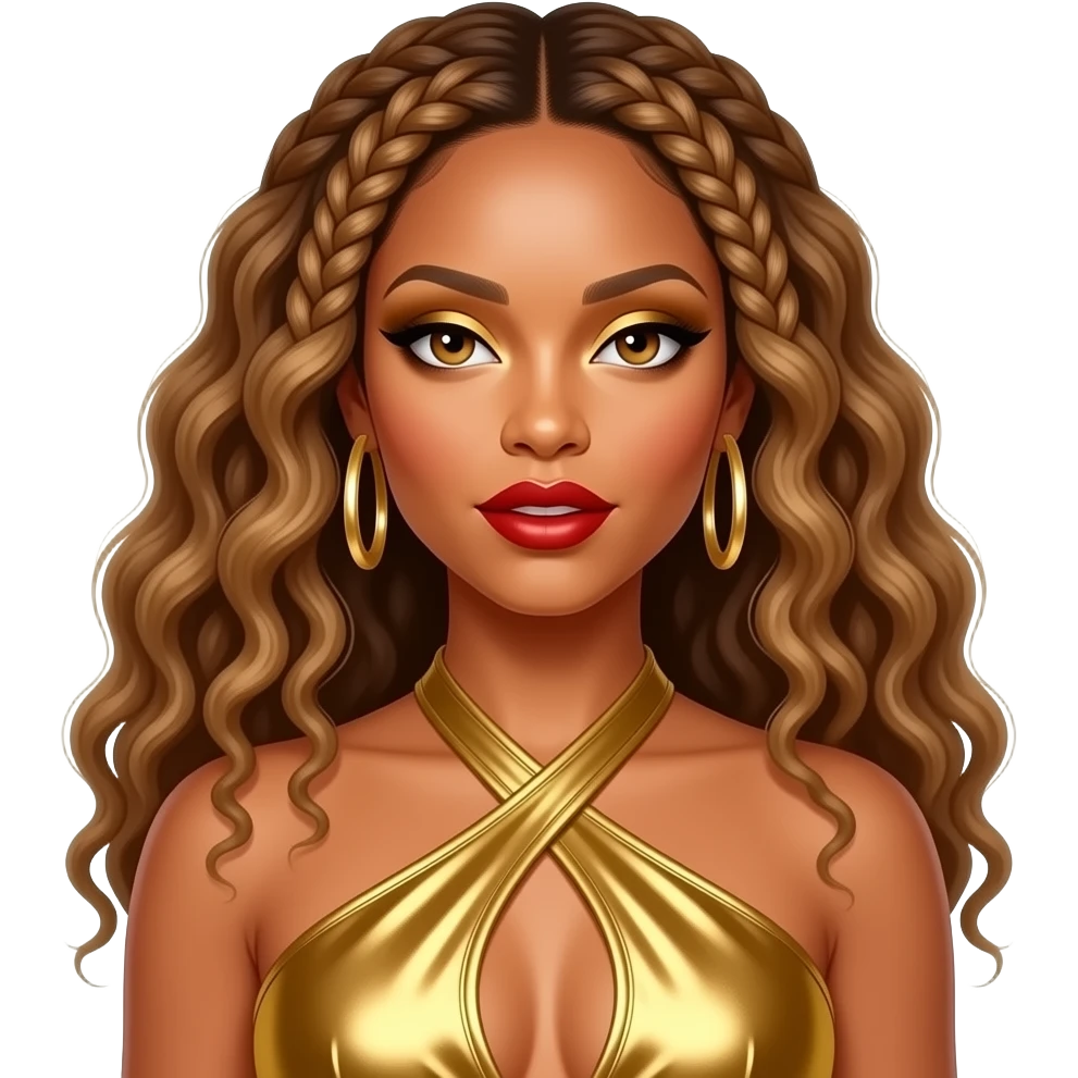 Beyonce from Destiny's Child with hazel eyes, long cornrows with curly ends hair, gold eyeshadow, red lipstick, gold metallic halter dress, gold earrings emoji