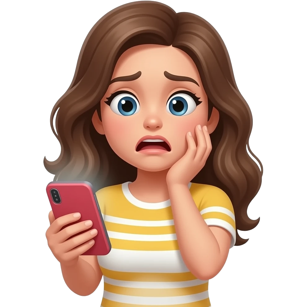 Женщина смотрит в телефон  в панике emoji