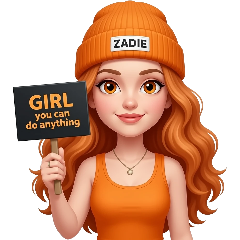 sexy girl with overlong wavy ginger hair and ginger eyes wearing a orange tanktop and a orange beanie with ZADIE written on it, is holding a black sign with GIRL you can do anything written on it emoji