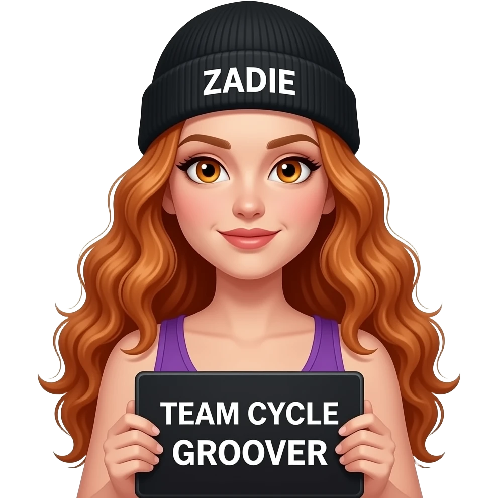 sexy girl with overlong wavy ginger hair and ginger eyes wearing a purple tanktop and a black beanie with ZADIE written on it, is holding a black sign with TEAM CYCLE GROOVER written on it emoji