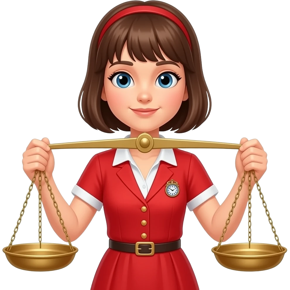 저울을 양손으로 들면서 고민하는 표정으로 심판하는 빨간 색 옷을 입은 젊은 여자 emoji