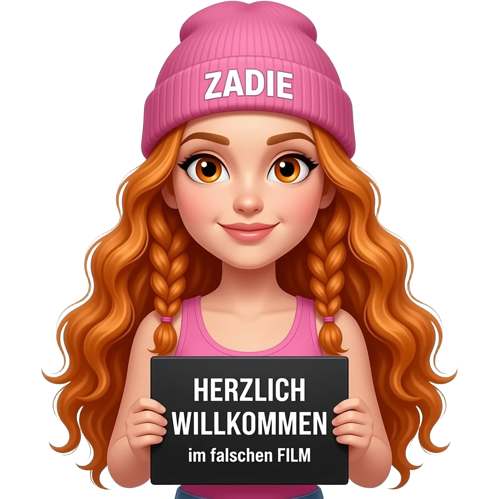 sexy girl with overlong ginger braids and ginger eyes wearing a pink tanktop and a pink beanie with ZADIE written on it, is holding a black sign with HERZLICH WILLKOMMEN im falschen FILM written on it emoji
