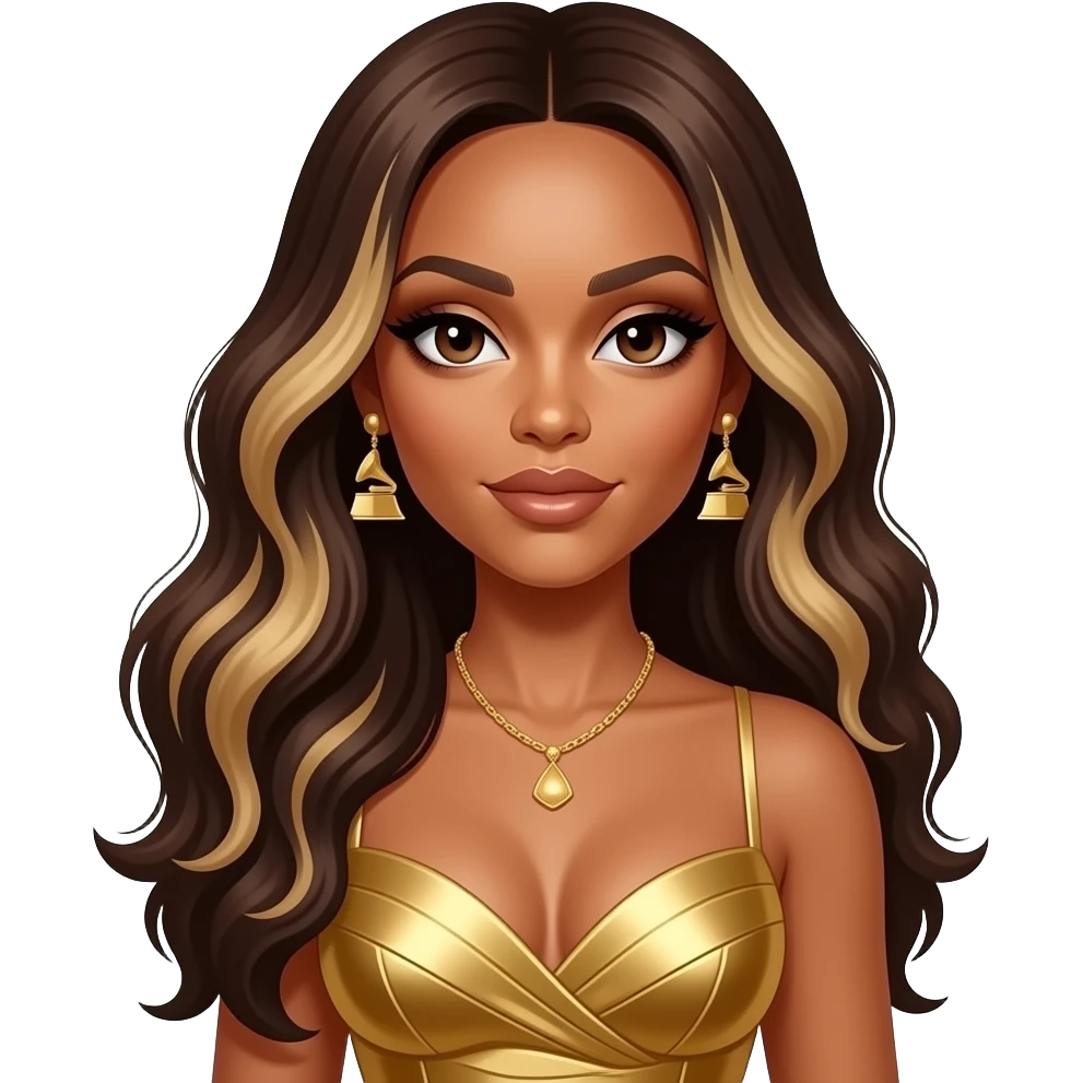 Beyonce with long dark brown hair with blonde highlights, gold grammy dress, necklace and earrings emoji