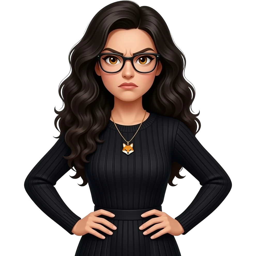 Realisting woman sexy posing elegant black sweater dress with a fox charm necklace model looking angry wearing glasses with honey colored eyes, Italian  and long curly black hair emoji