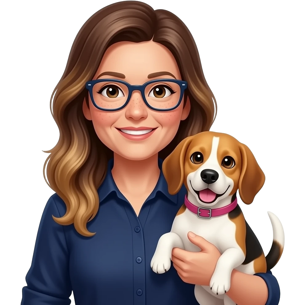 50-year-old woman with long brown balayage hair, parted on the left side, with pale skin and freckles, with dark navy rectangular glasses, holding a beagle that looks happy. She is wearing a navy shirt. The beagle has a pink collar. emoji
