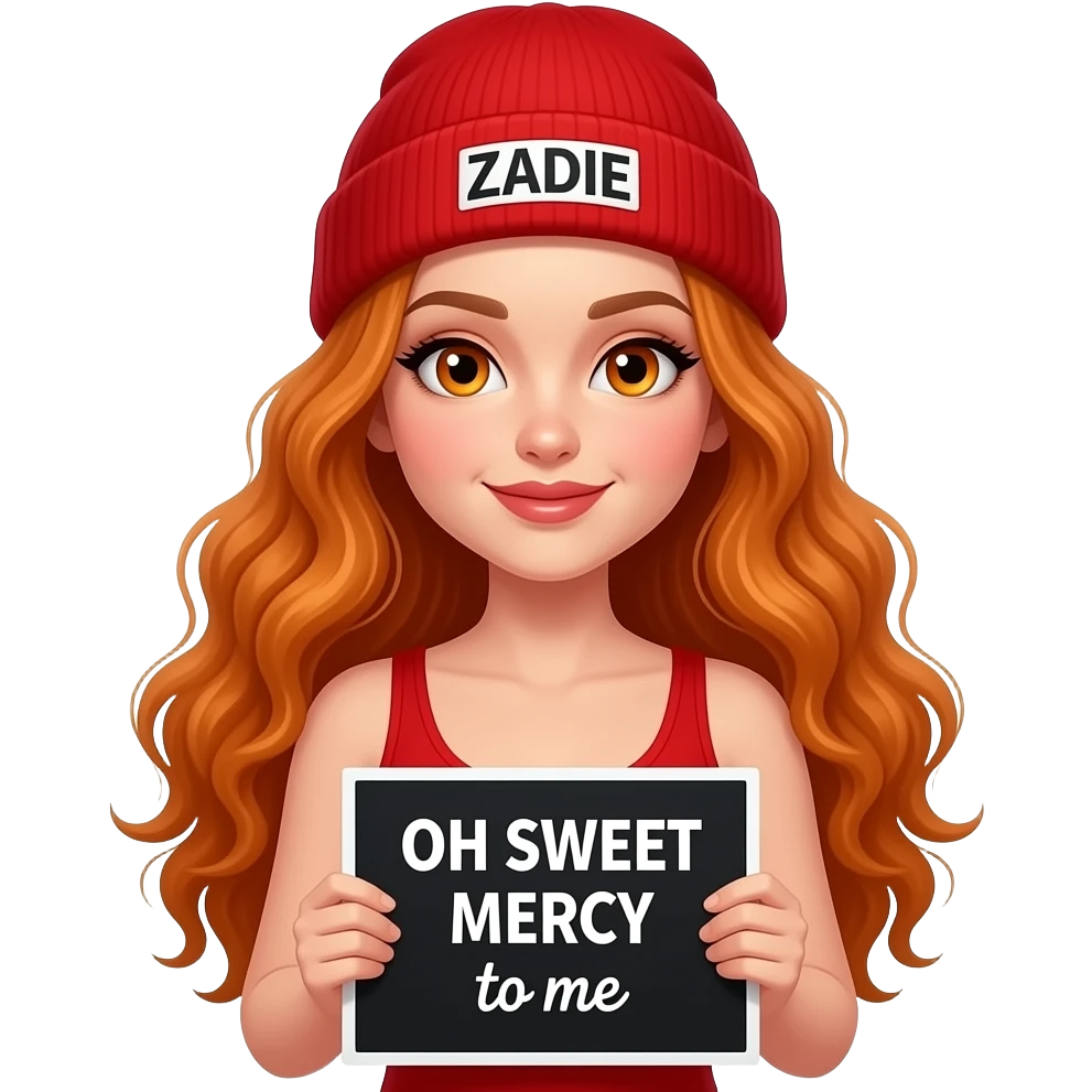 sexy girl with overlong wavy ginger hair and ginger eyes wearing a red tanktop and a red beanie with ZADIE written on it, is holding a black sign with OH SWEET MERCY to me written on it emoji