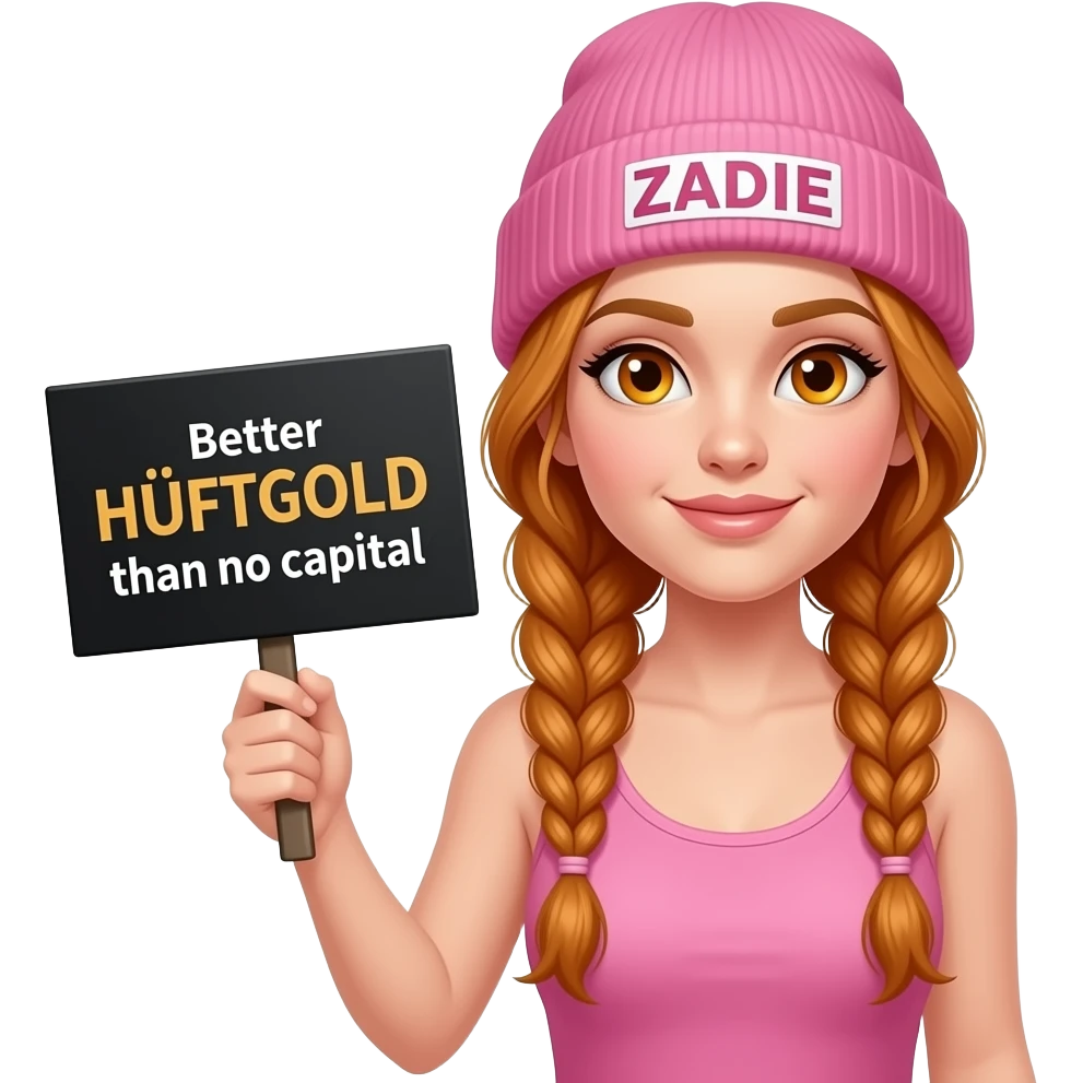 sexy girl with overlong ginger braids and ginger eyes wearing a pink tanktop and a pink beanie with ZADIE written on it, is holding a black sign with Lieber HÜFTGOLD als gar kein KAPITAL written on it emoji