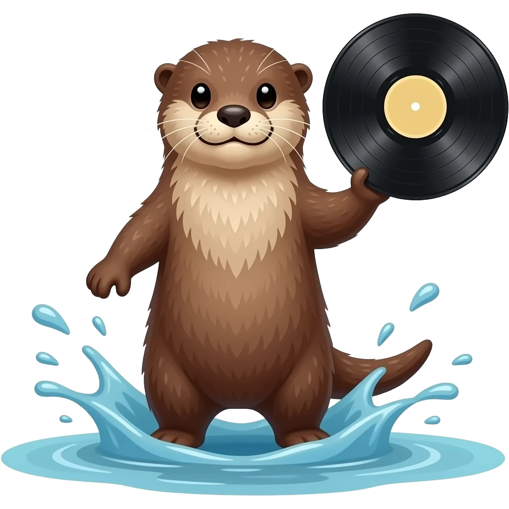 an otter flooding in water holding a music vinyl emoji