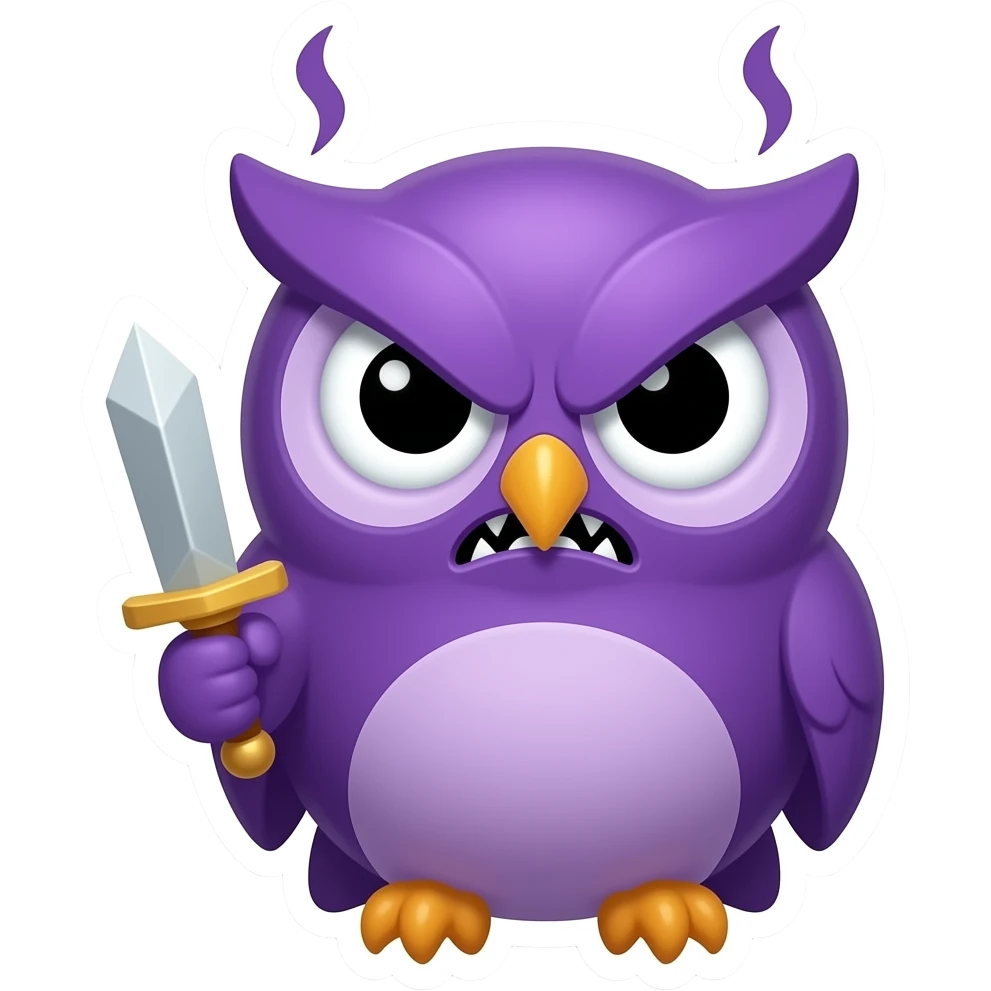 Twitch emote of a purple owl, dark fantasy style like Dark Souls, angry expression with furrowed brows, baring tiny teeth, steam coming from ears, holding a tiny sword or club. Vector art, thick white outline, white background, square format, not chibi. emoji