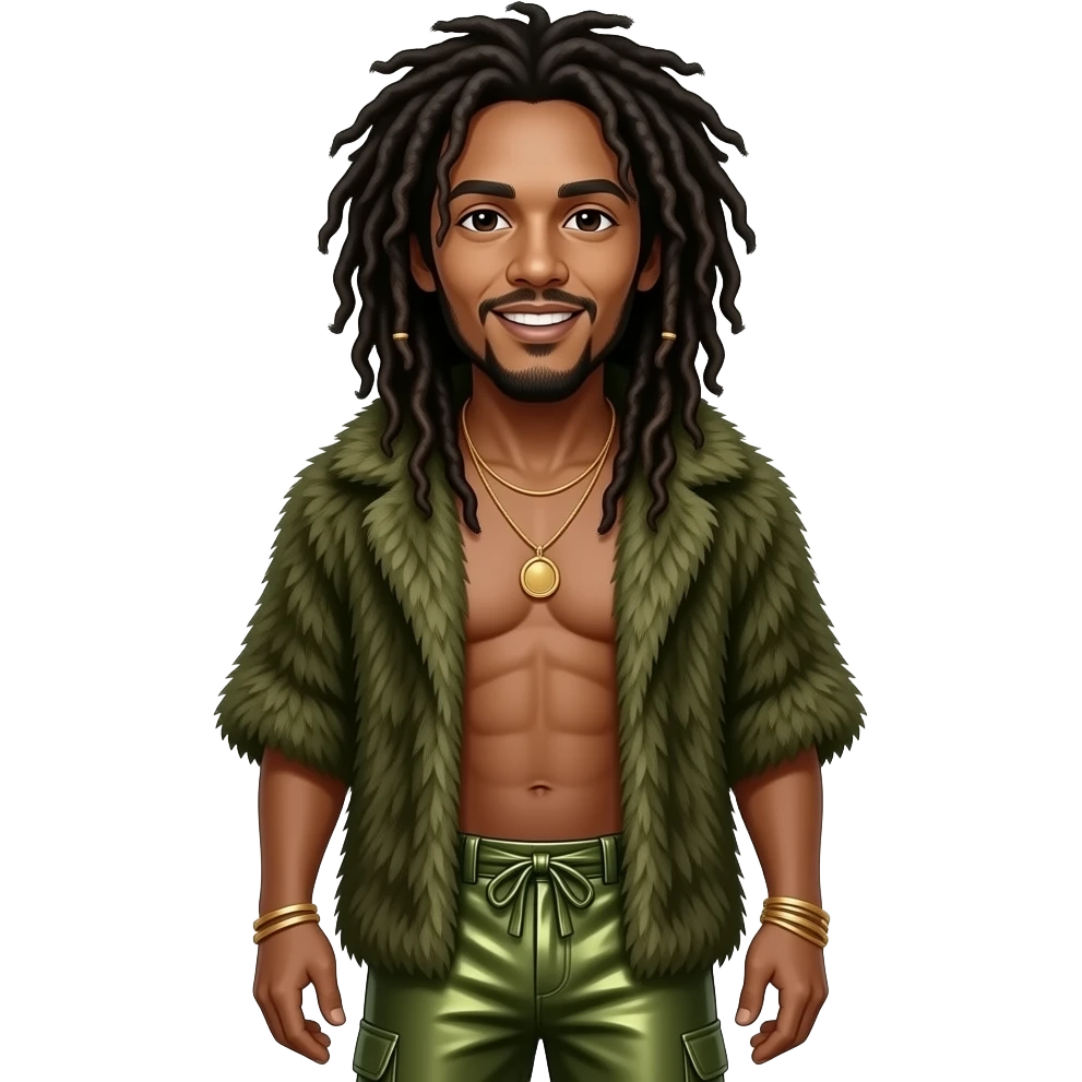 Bob Marley with long locs, olive fur shawl, olive metallic baggy pants, shirtless emoji