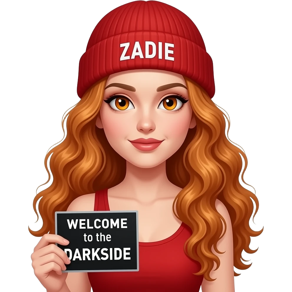 sexy girl with overlong wavy ginger hair and ginger eyes wearing a red tanktop and a red beanie with ZADIE written on it, is holding a black sign with WELCOME to the DARKSIDE written on it emoji