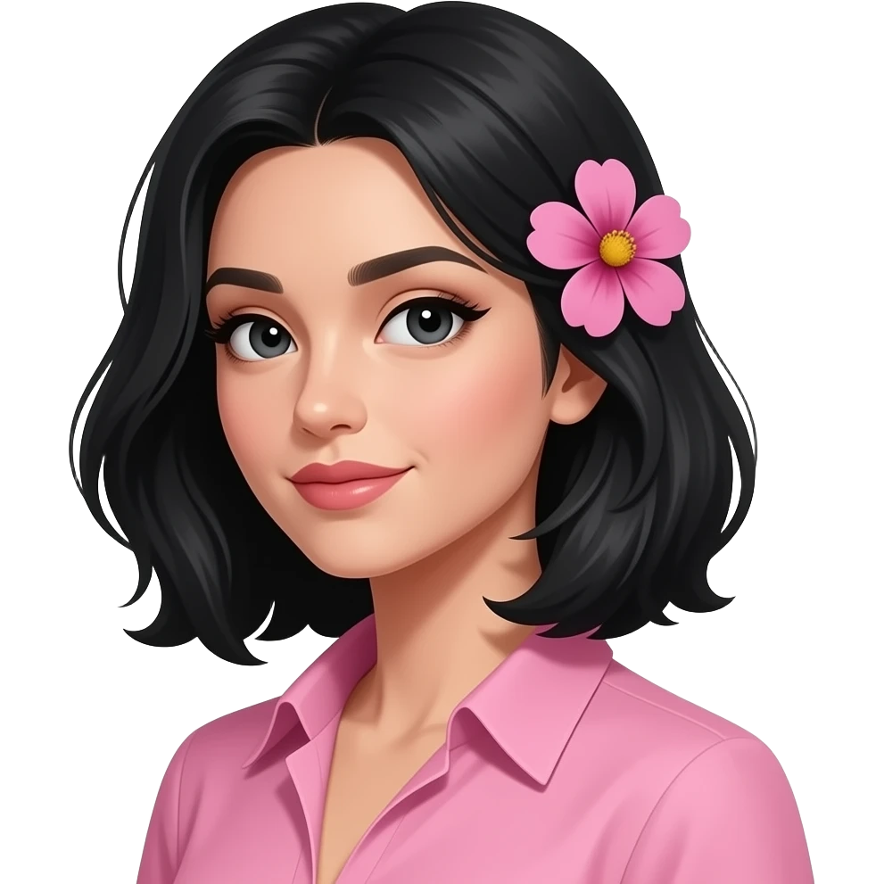 Mulher olhando de lado bem sexy com cabelo na altura do peito. Blusa rosa, cabelo e olhos pretos. Uma flor ma lateral direita do cabelo emoji