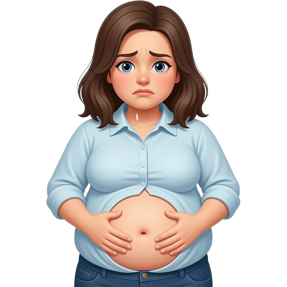 a girl with a huge stomach that is full to bursting,so bloated that she gets a tummyache,her bellybutton is poking out and her shrunk tight shirt buttonholes are at breaking point. emoji