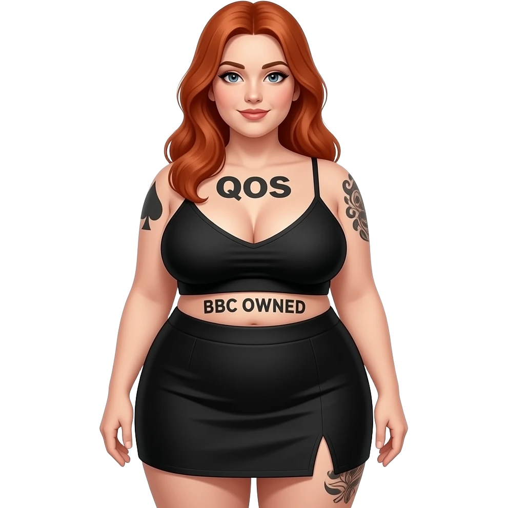 Match black mini skirt black top BBC OWNED tattoo above her pelvis with QoS tattooed on her left breast and Thicker Amazon Queen 👑 5'-7" tall 197 lbs F cup breasts thick lady w Ginger to red hair plump all day over and lighten skin to creamy white tattoos black and on the right breast a ♠️ emoji