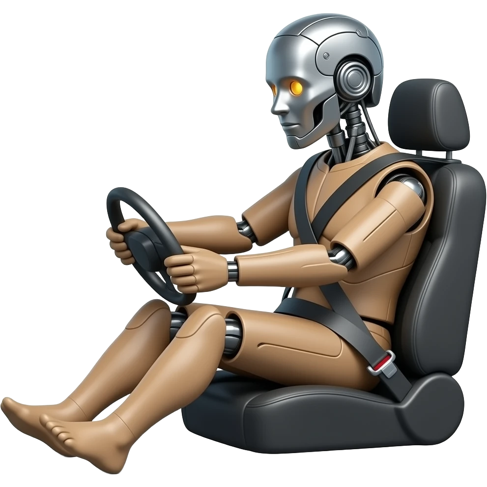 crash test dummy with robot face,  in car seat in drivers position, in a crash emoji