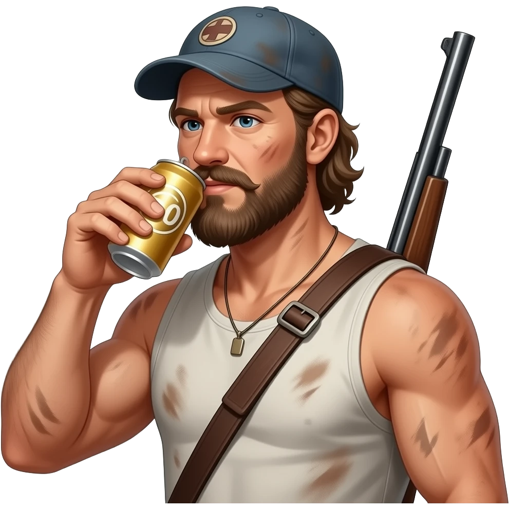 Portrait von einem nackten, typisch Aussehender redneck mit alten cap. Er ist maskulin, behaart. Seine Haut ist staubig und dreckigen und verschwitzt. Er trinkt aus einer Bierdose und hat eine Schrotflinte um seinen Rücken umgehängt. Er hat ein ungepflegten, zottligen lange Bart. emoji