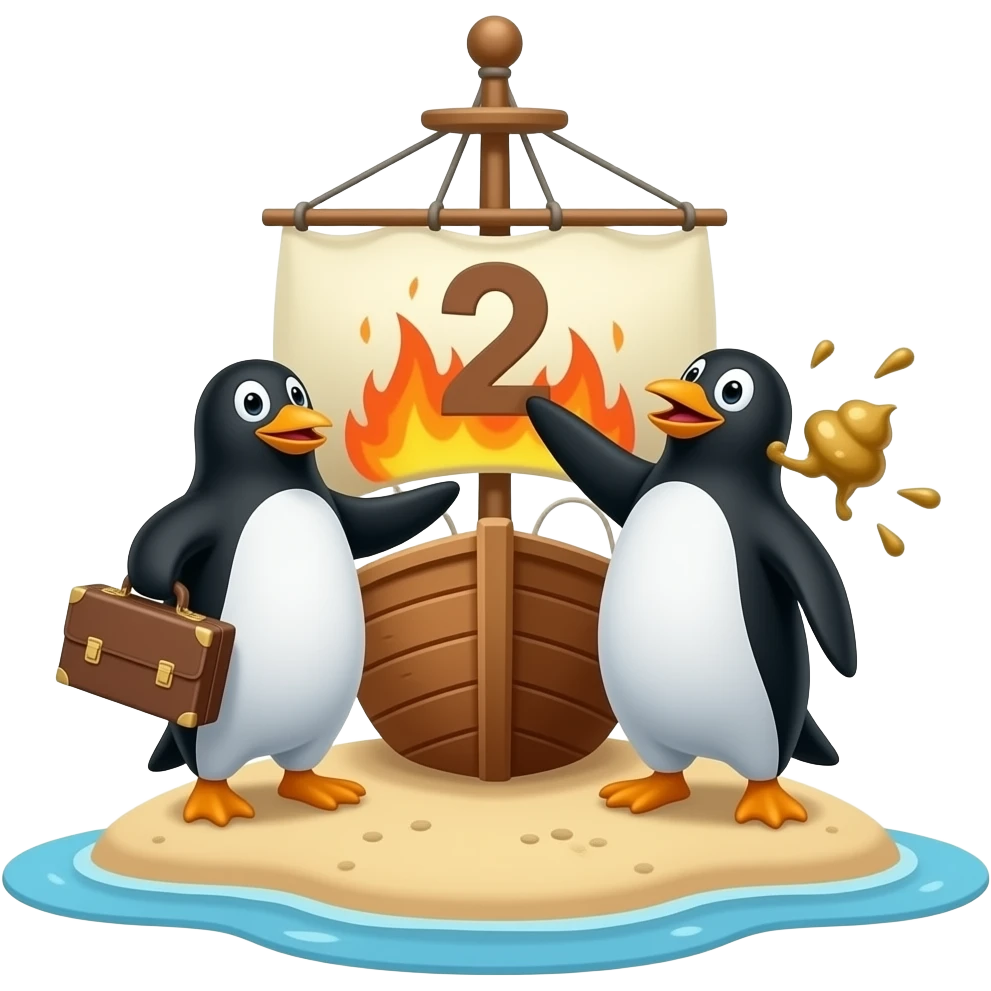 pinguino con un estuche en una islaen un bater aciendeo del 2 i que la caca le caiga a otro pinguino emoji