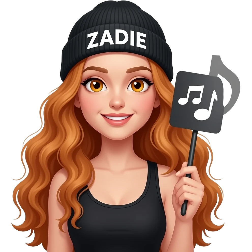 sexy girl with overlong wavy ginger hair and ginger eyes wearing a black tanktop and a black beanie with ZADIE written on it, is holding a black sign with 🎵🎵🎵 on it emoji