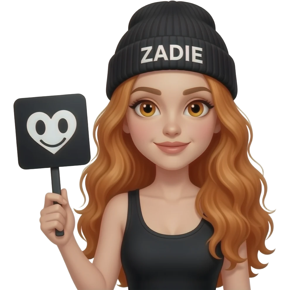 sexy girl with overlong wavy ginger hair and ginger eyes wearing a black tanktop and a black beanie with ZADIE written on it, is holding a black sign with 😍 on it emoji