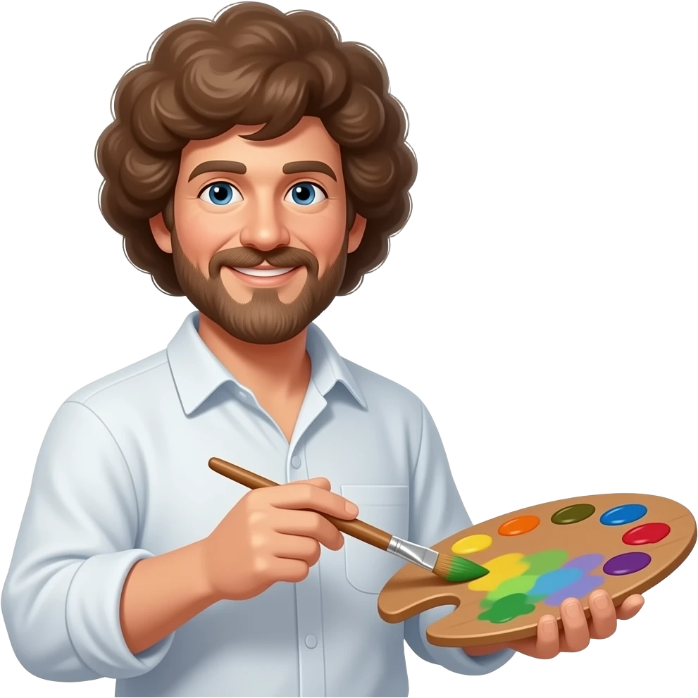 bob ross white with paint canvas in hand emoji