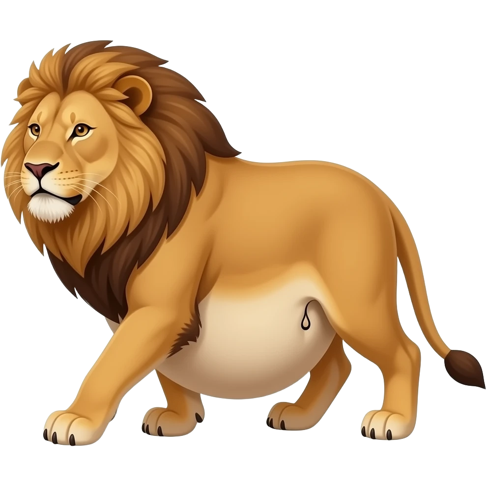 A reality lioness,trying to walk normally,but her huge overstuffed tummy rolls side to side,now her bellybutton is smooching the ground. emoji