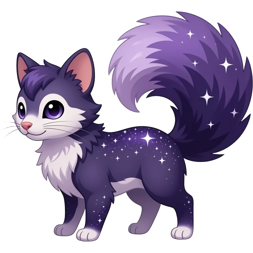 Hyper realistic midnight-violet velvet fur soaked in starlight glitter and shadow gradients beautiful elegant pretty precious cute Fakémon-Pokémon-opossum-feline-serval-caracal-chinchilla-Furret-Minccino-hybrid-creature with a big fluffy bushy tail (full body) emoji