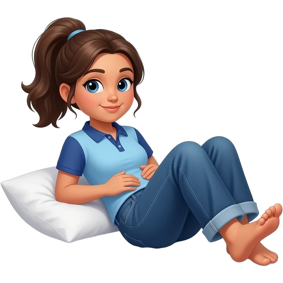 Hispanic girl with brown ponytail and blue eyes light blue and dark blue polo and dark blue baggy jeans and belly button laying down on her pillow on her bed showing her feet rolling her belly emoji