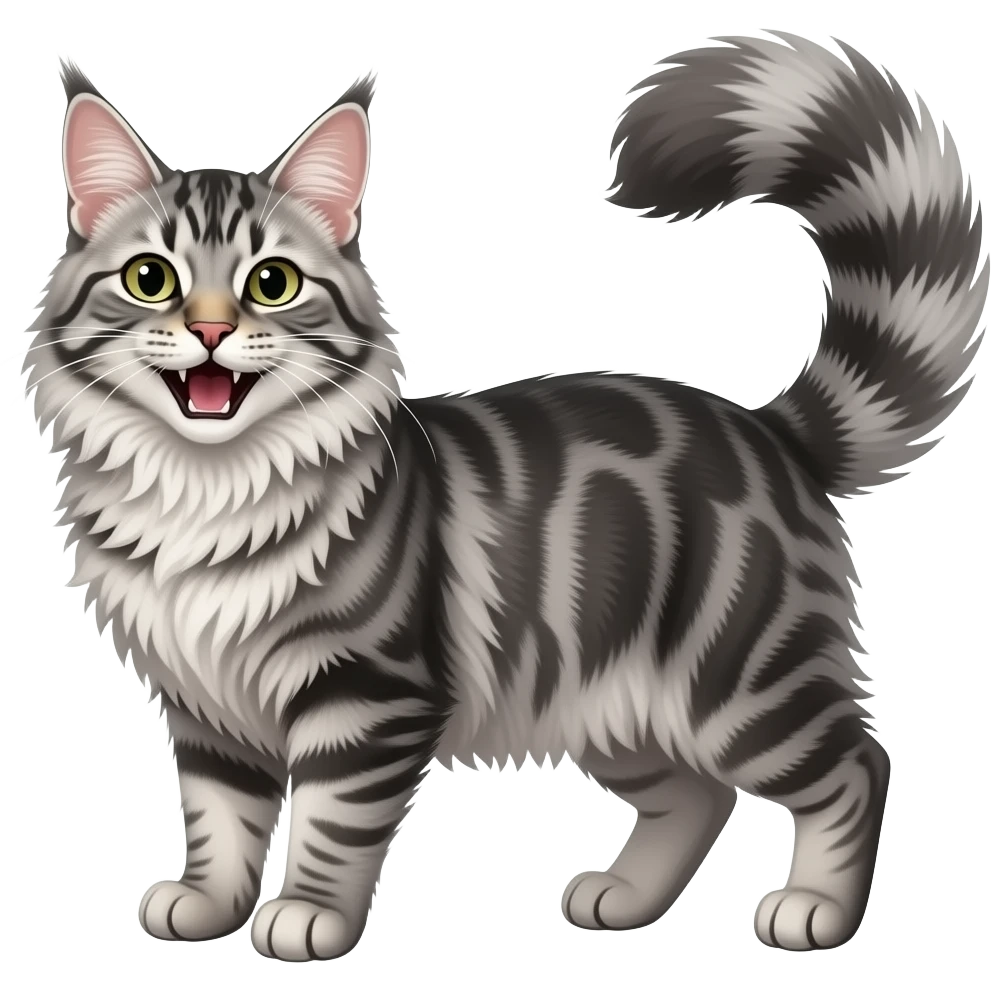 Silver tabby Maine coon with laugh, more fur，thin，tail bigger emoji