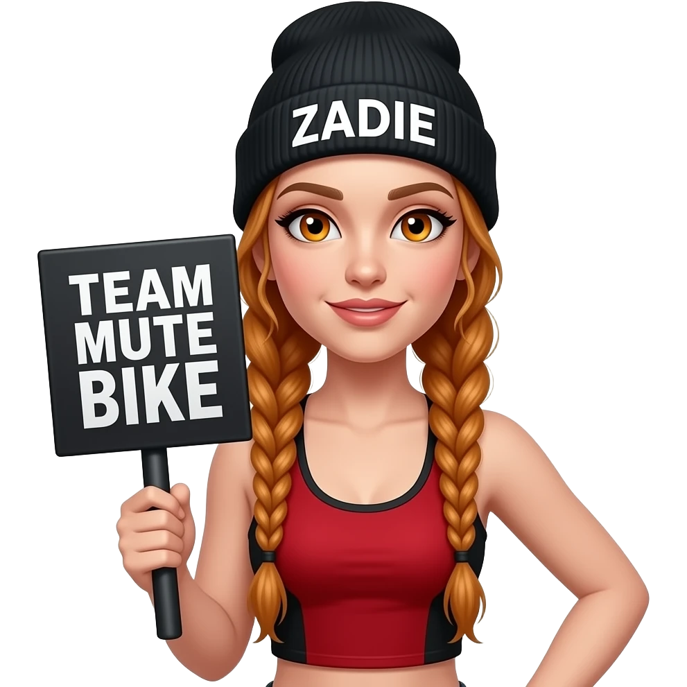 sexy girl with overlong ginger braids and ginger eyes wearing a red black tanktop and a black beanie with ZADIE written on it, is holding a black sign with TEAM MUTE BIKE written on it emoji
