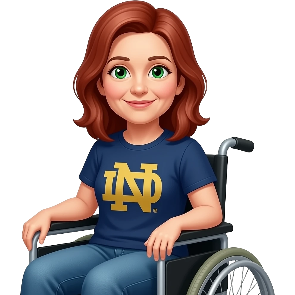 older female shoulder length red hair green eyes wheelchair jeans Notre dame t-shirt emoji