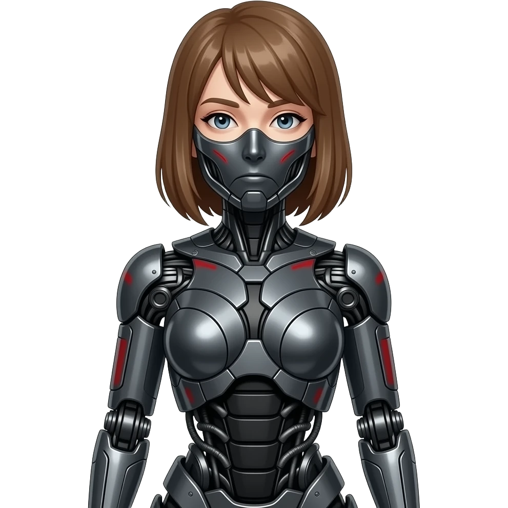 A full body mechanical girl with robot face made of grey dark gray steel with black and red markings. emoji