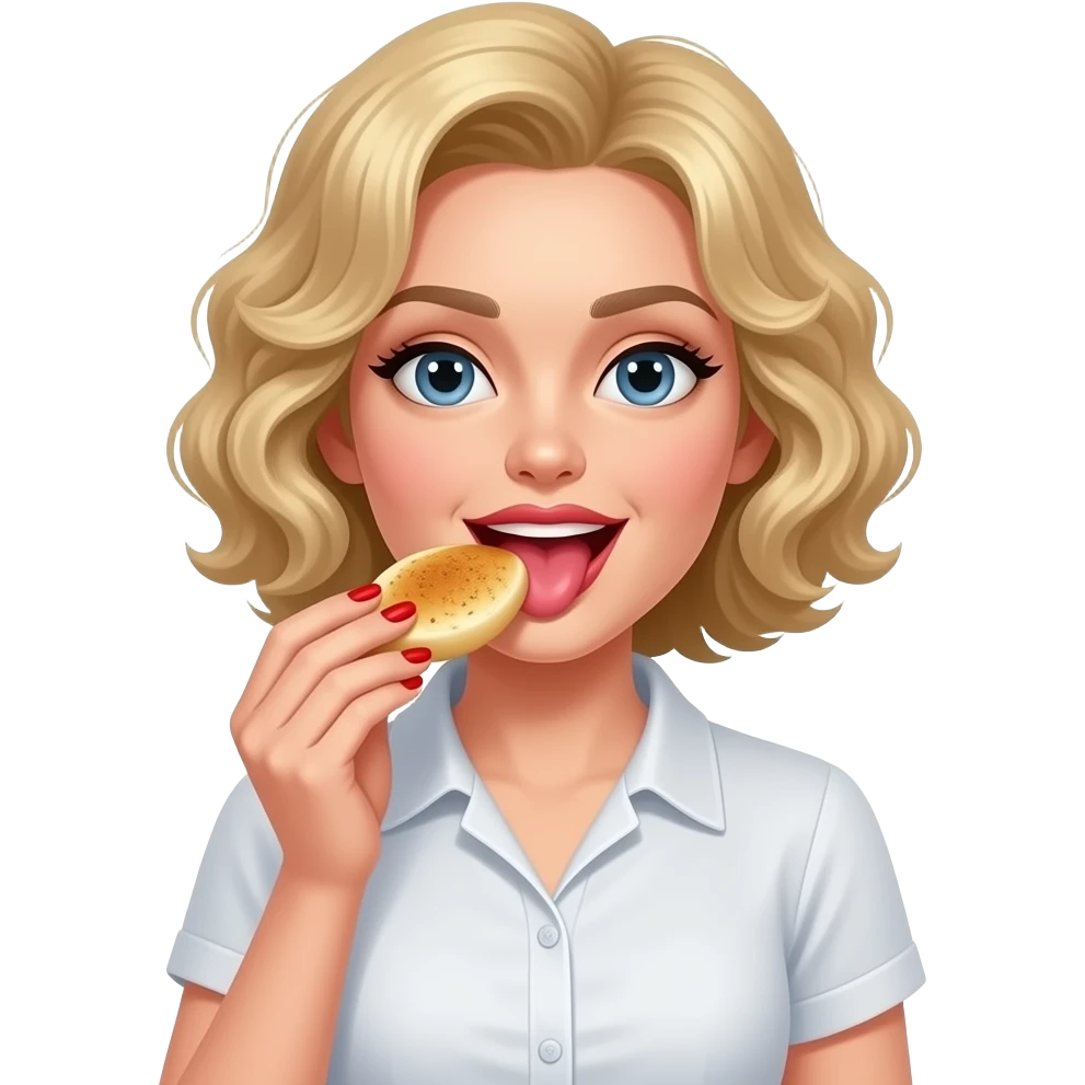 Short blond hair in curls salivating on food in a red finger nails and in a short sleeve blouse and brown lipstick emoji