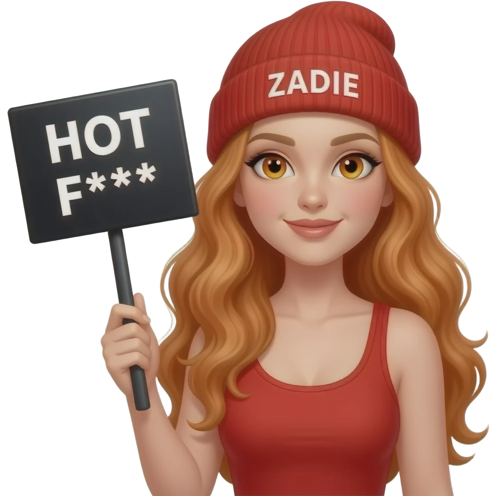 sexy girl with overlong wavy ginger hair and ginger eyes wearing a red tanktop and a red beanie with ZADIE written on it, is holding a black sign with HOT as F*** written on it emoji