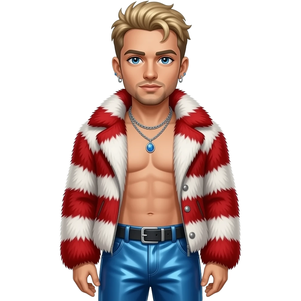 Vanilla Ice with fair skin, blue eyes, dirty blonde hair, red and white fur shawl, blue metallic baggy pants, shirtless with necklace and earrings emoji